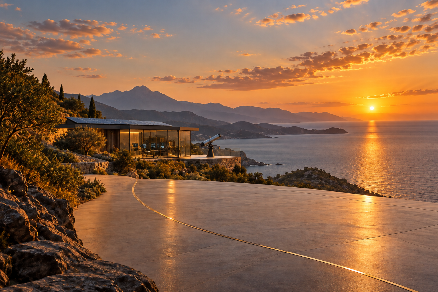 An imagined coastal landscape at sunset with contemporary research pavilions, solar panels and an optical telescope.
